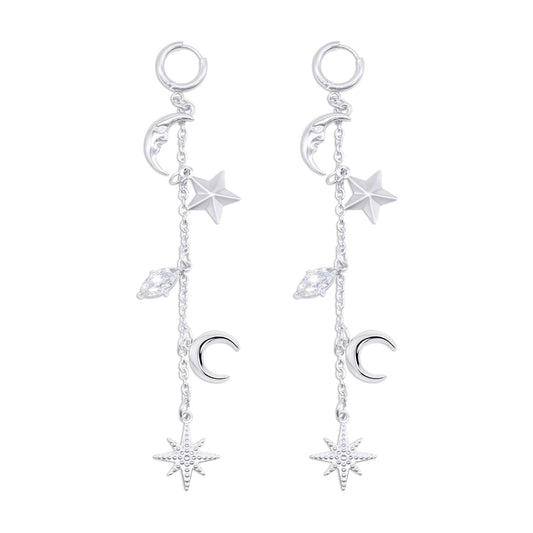 Stainless steel earrings with star and moon charms on a white background