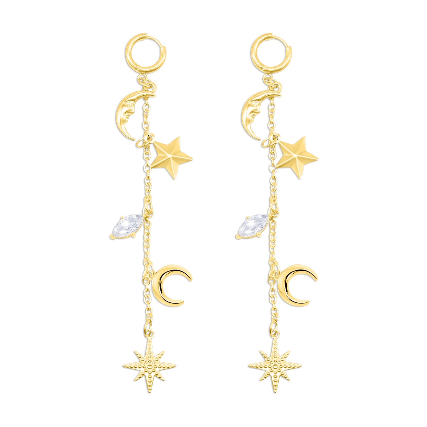 Gold earrings with star and moon charms on a white background