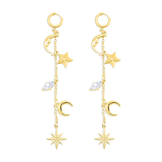 Gold earrings with star and moon charms on a white background