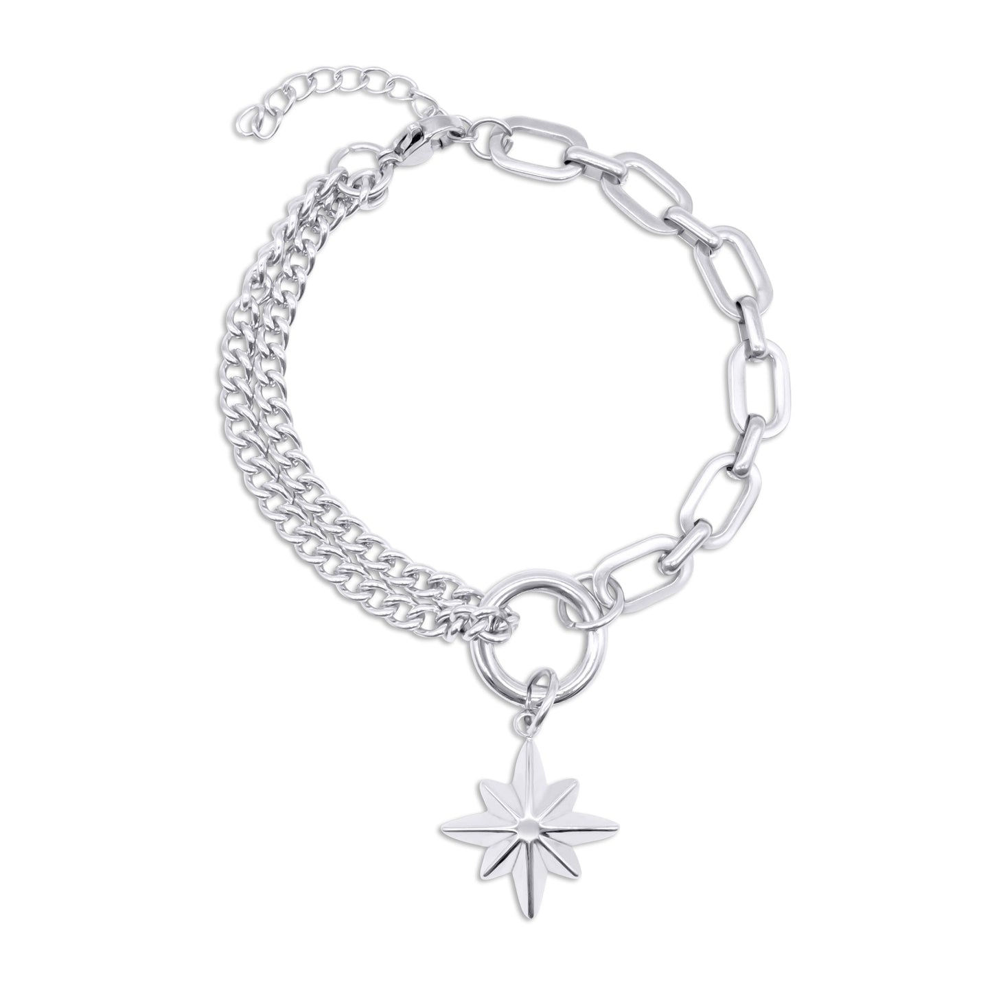 Stainless steel chain bracelet with a star-shaped charm on a white background