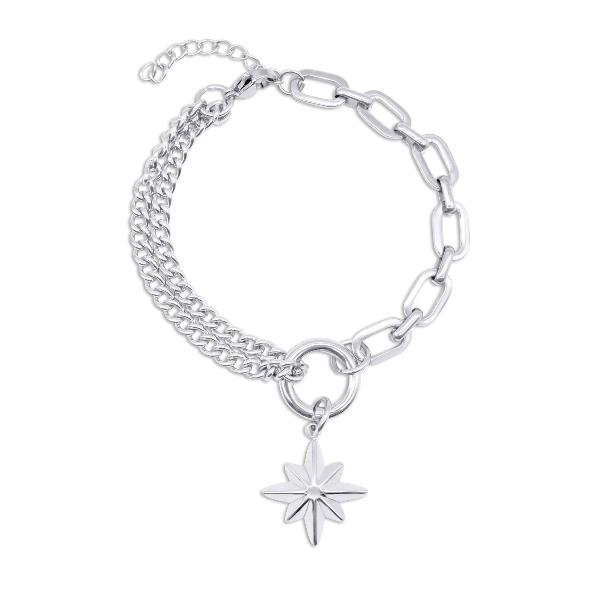 Stainless steel chain bracelet with a star-shaped charm on a white background