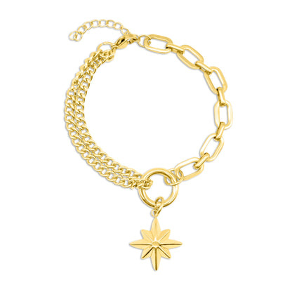 Gold chain bracelet with a star-shaped charm on a white background