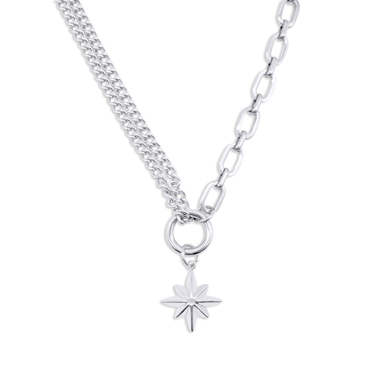 Stainless steel necklace with a star-shaped pendant on a white background