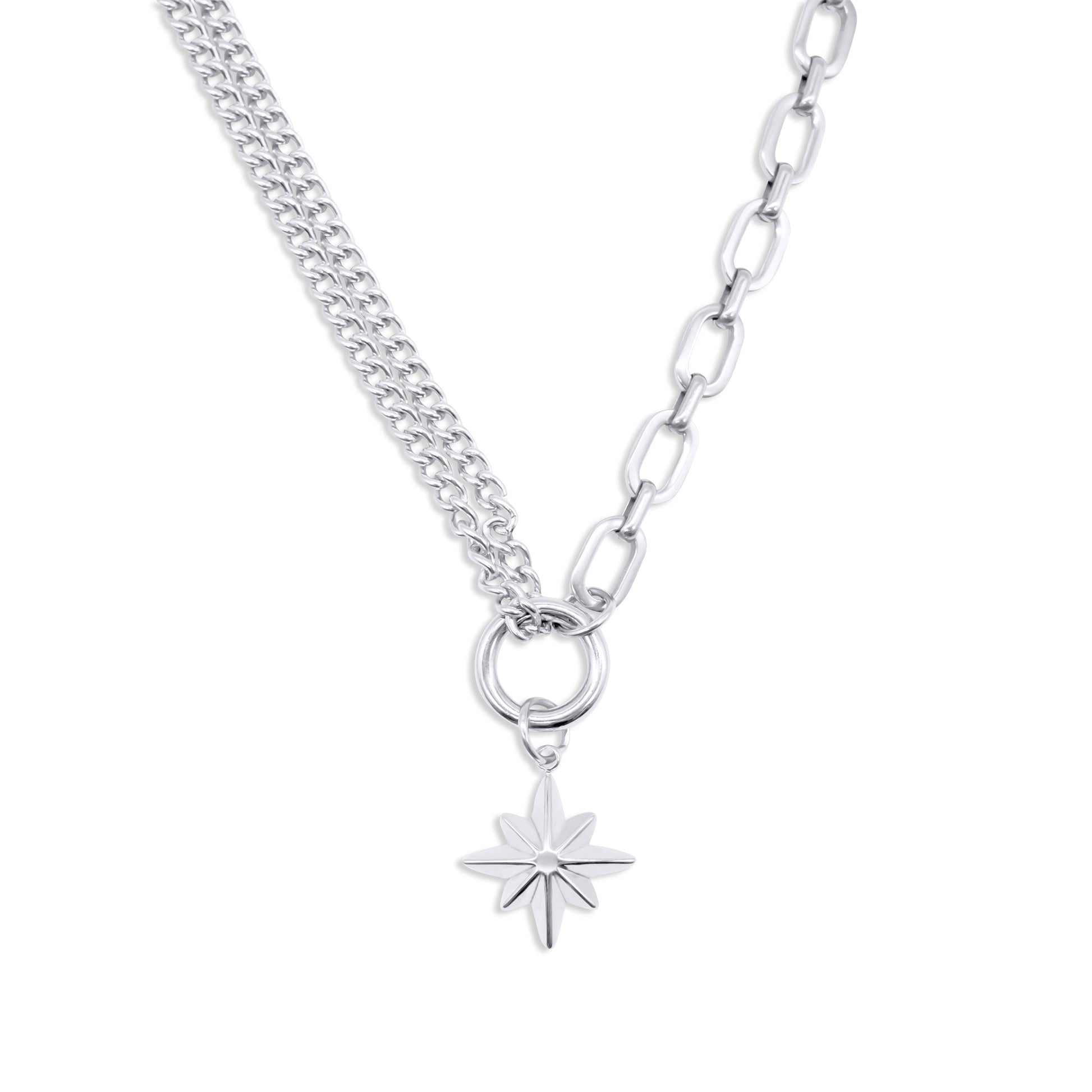 Stainless steel necklace with a star-shaped pendant on a white background
