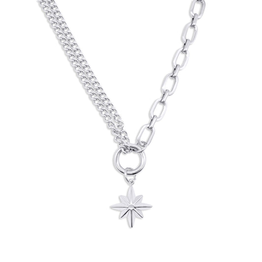Stainless steel necklace with a star-shaped pendant on a white background