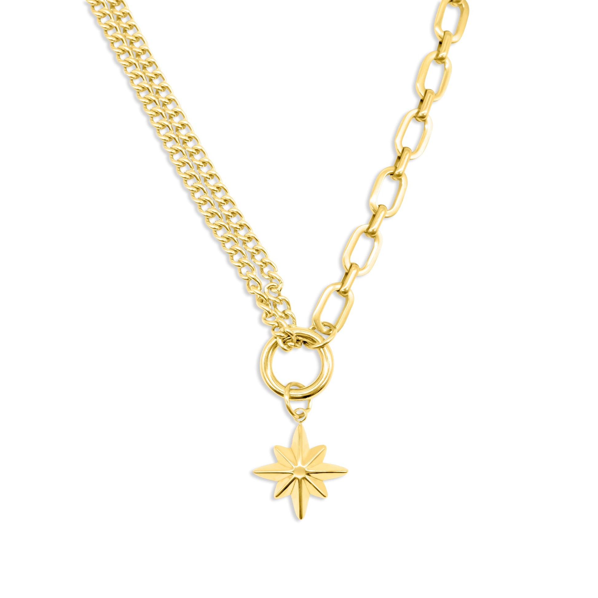 Gold necklace with a star-shaped pendant on a white background