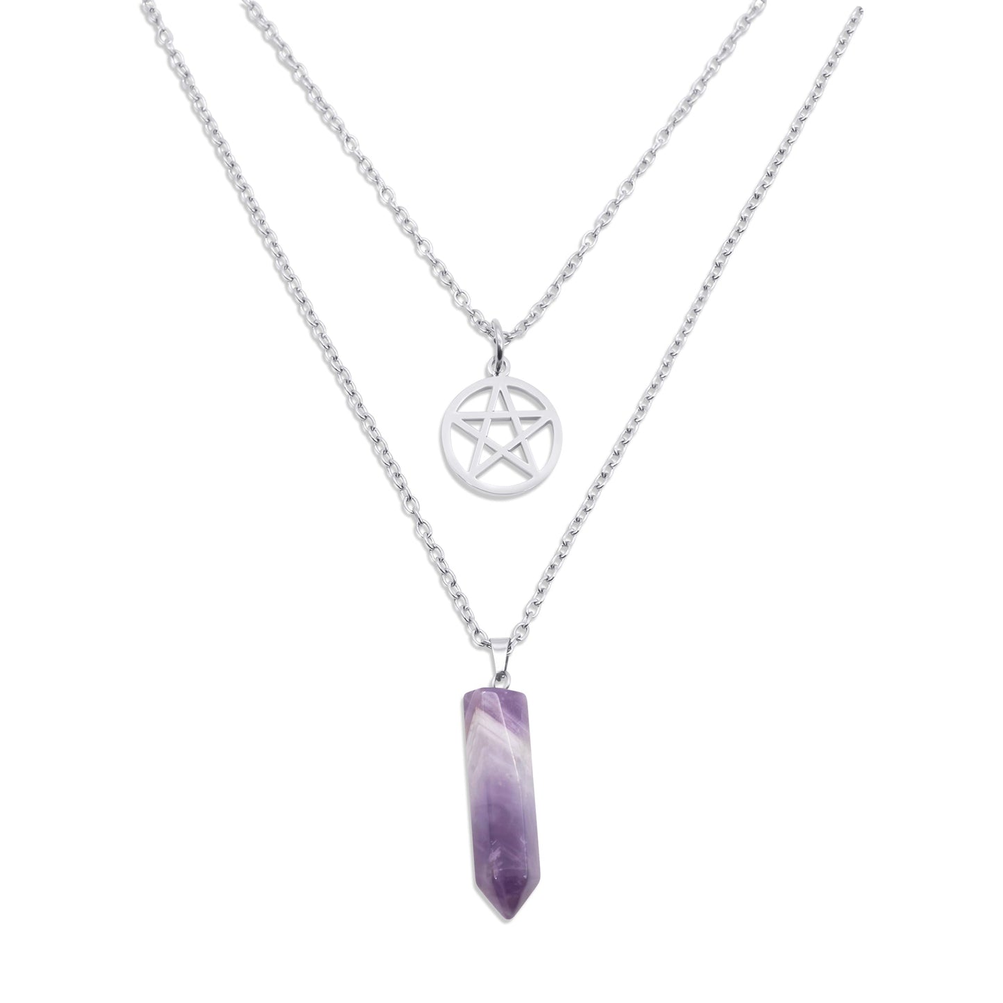 Necklace with a pentagram pendant and a purple crystal on a white background