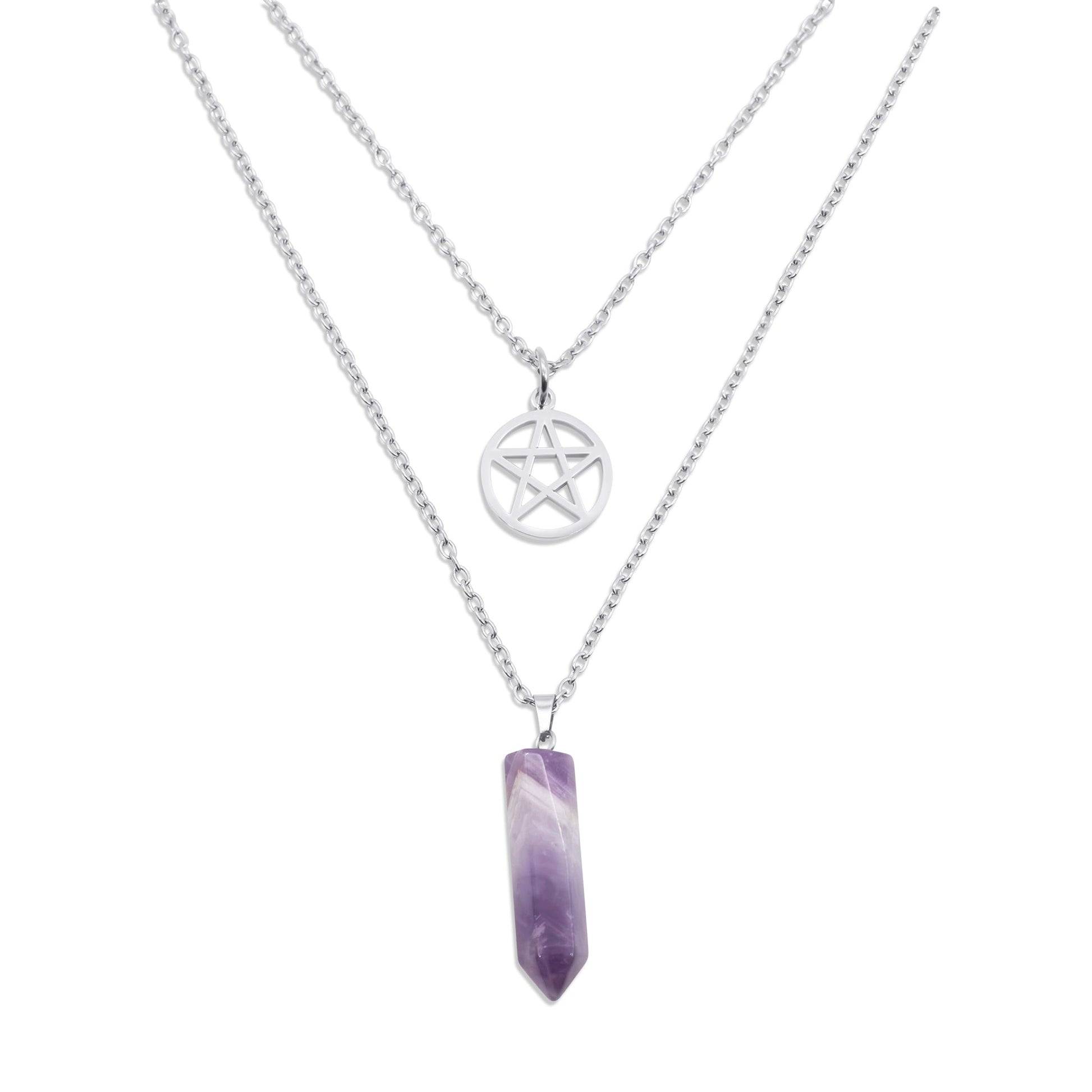 Necklace with a pentagram pendant and a purple crystal on a white background
