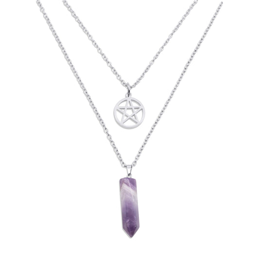 Necklace with a pentagram pendant and a purple crystal on a white background