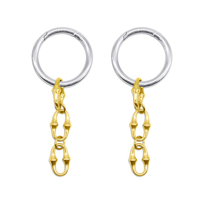 Pair of earrings with gold and steel rings on a white background