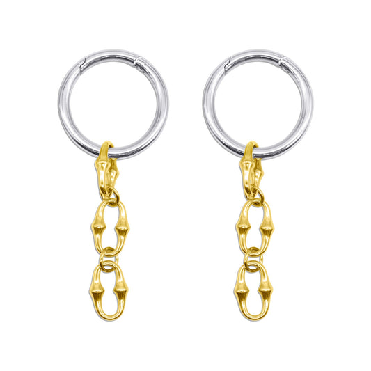 Pair of earrings with gold and steel rings on a white background