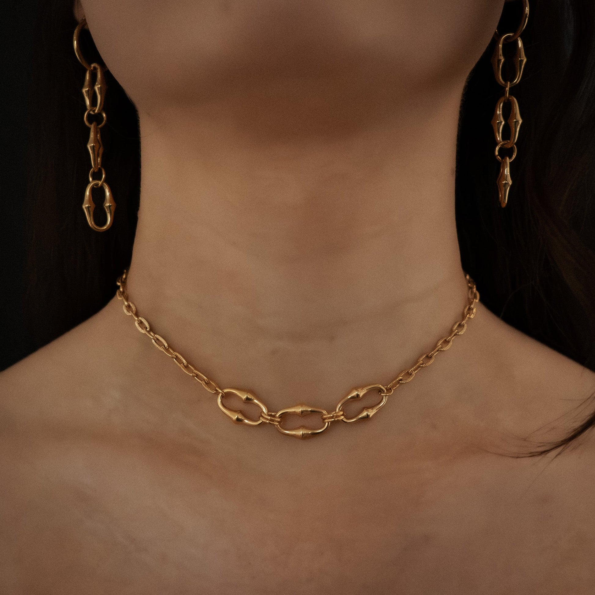Gold chain necklace and earrings on a model against a dark background