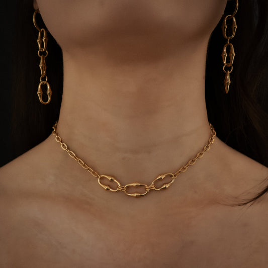 Gold chain necklace and earrings on a model against a dark background