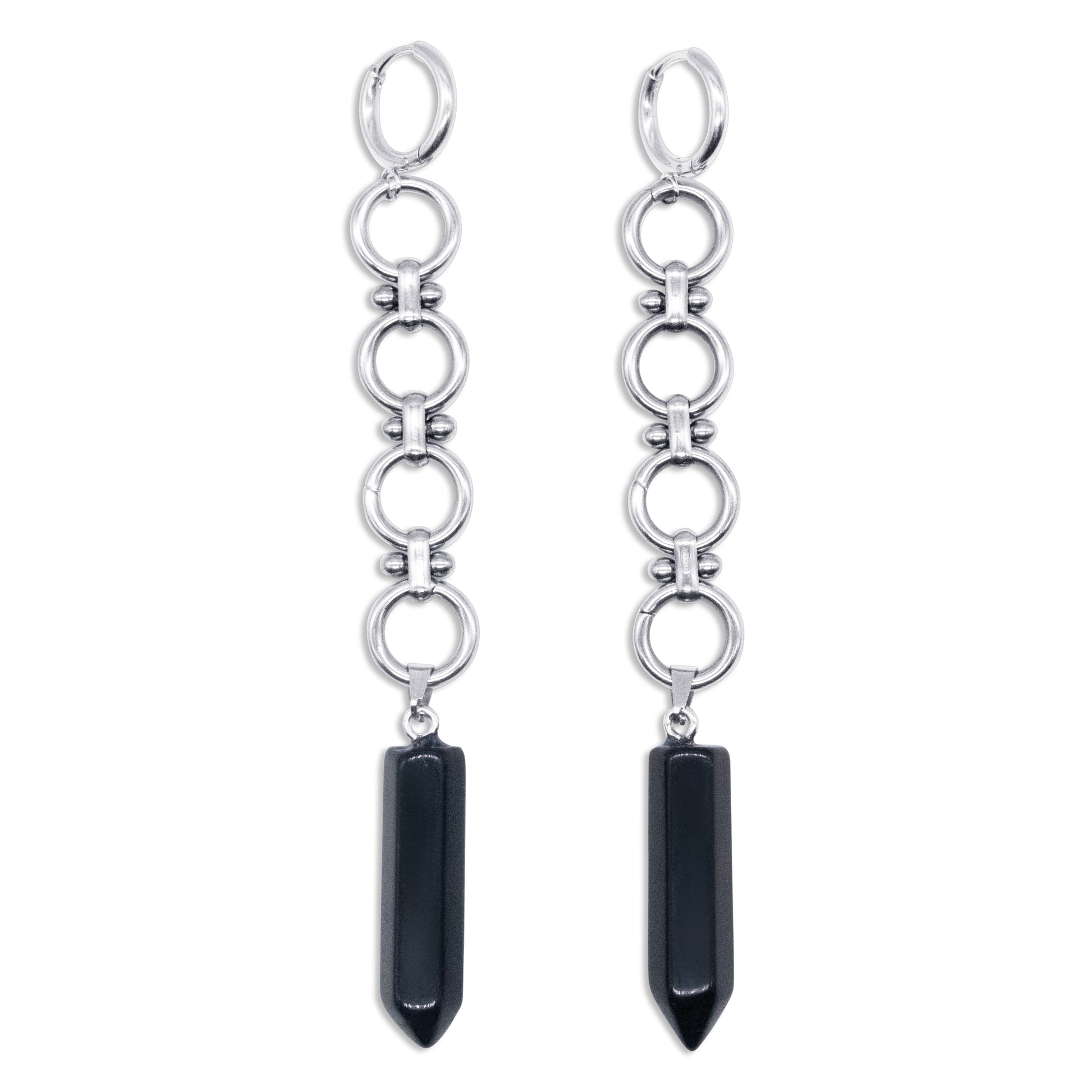 Pair of steel chain earrings with black pendant drops on a white background