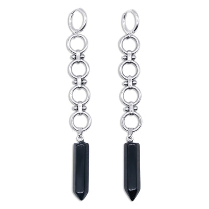 Pair of steel chain earrings with black pendant drops on a white background