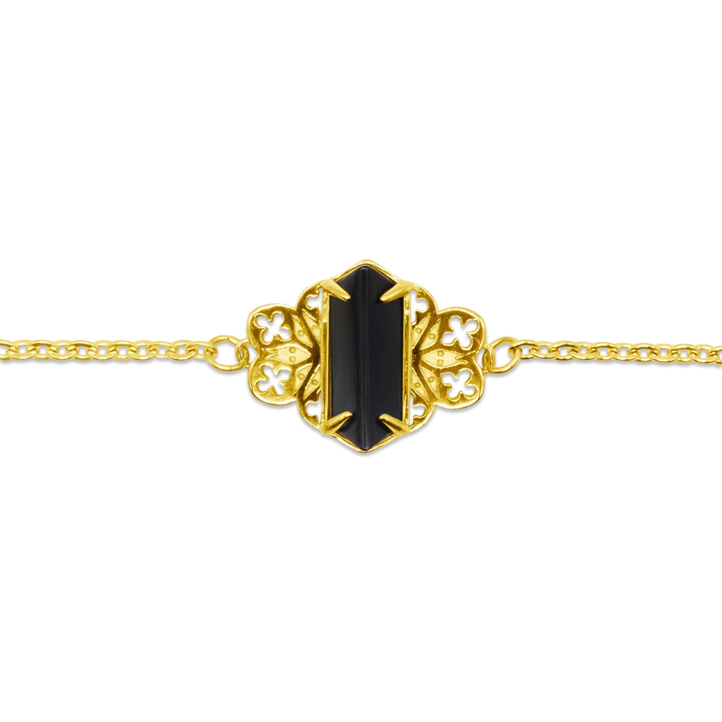 Gold necklace with a black gemstone on a white background