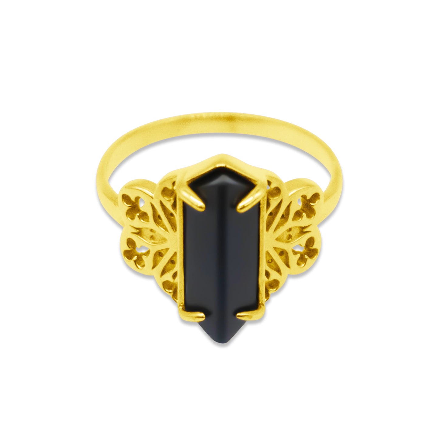 Gold ring with a black gemstone on a white background