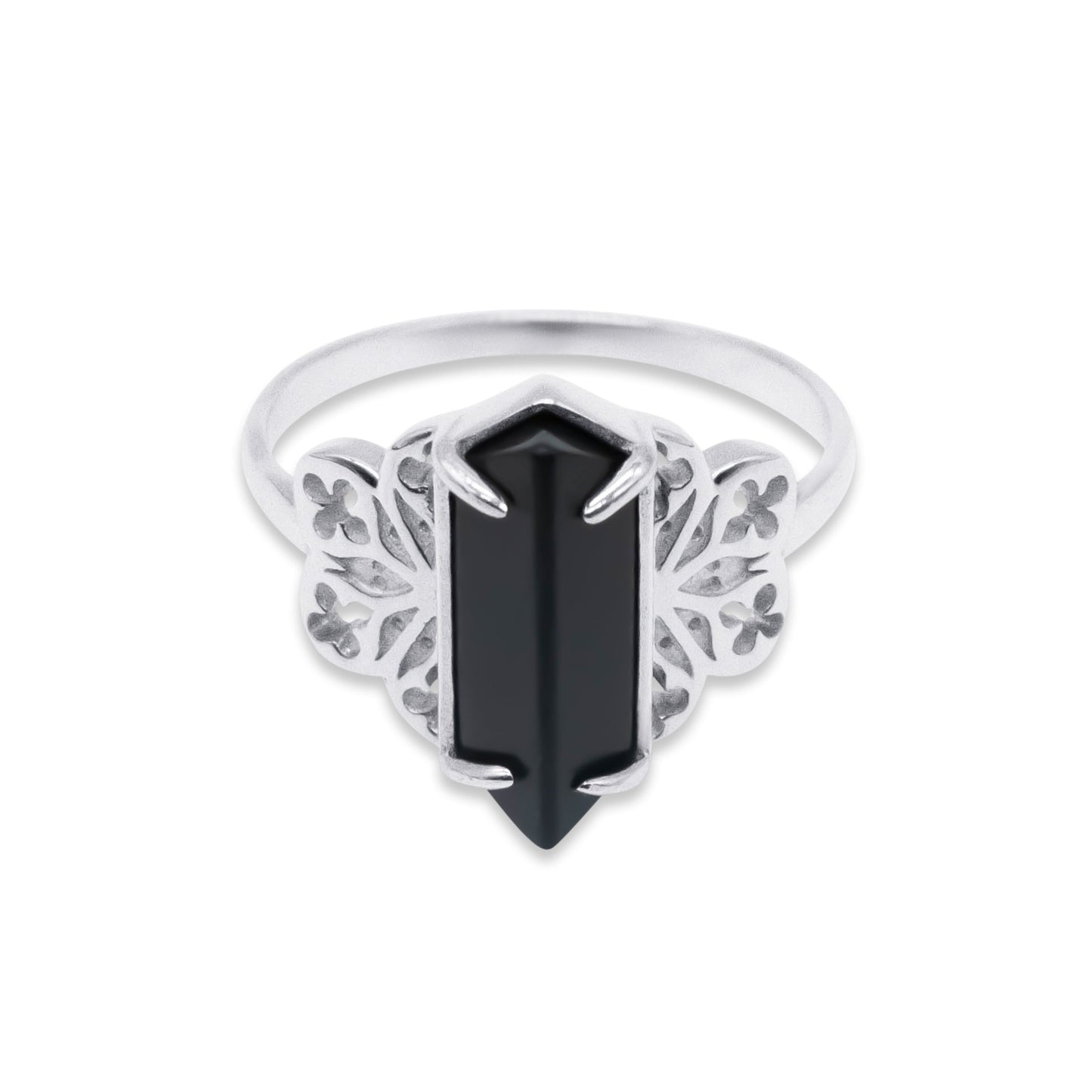 Stainless steel ring with a black gemstone on a white background