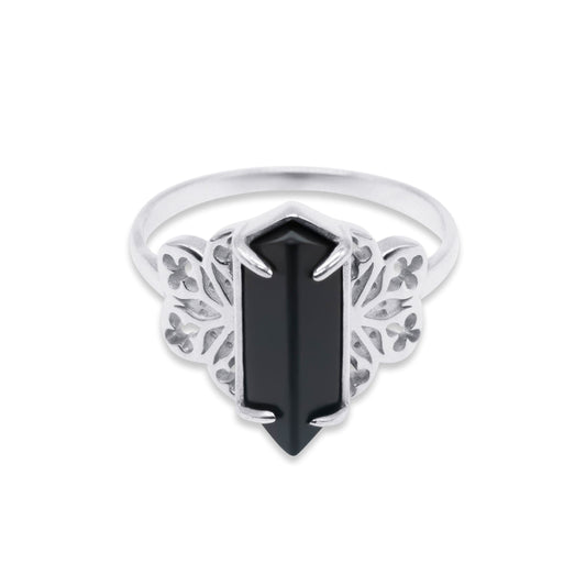 Stainless steel ring with a black gemstone on a white background