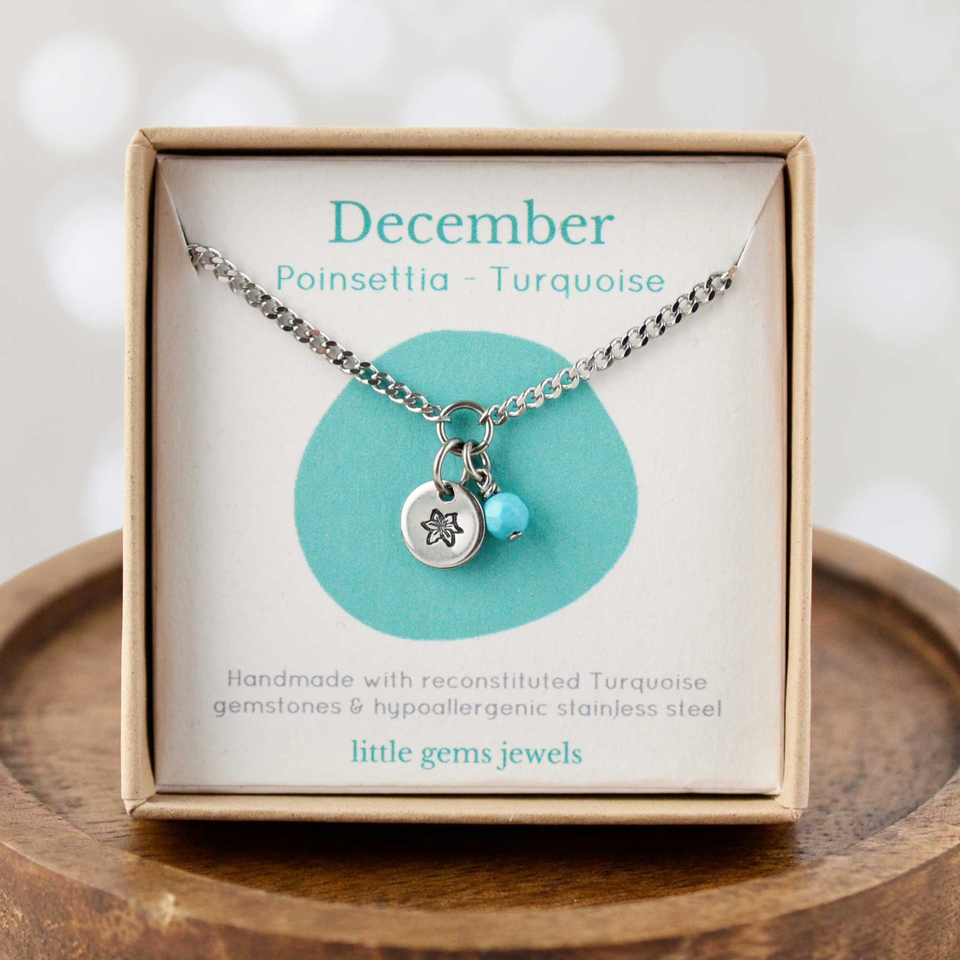 December Poinsettia Birthflower & Turquoise gemstone dainty charm necklace in eco-friendly gift box