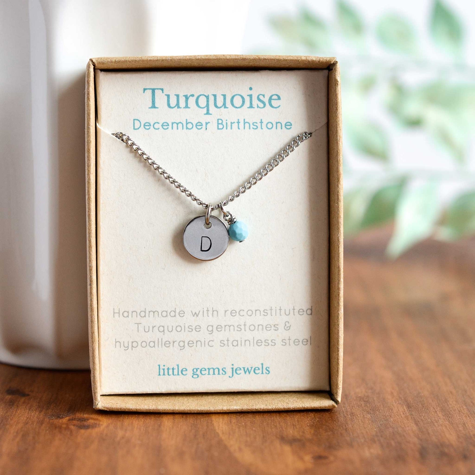 Turquoise December birthstone and initial pendant necklace in gift box