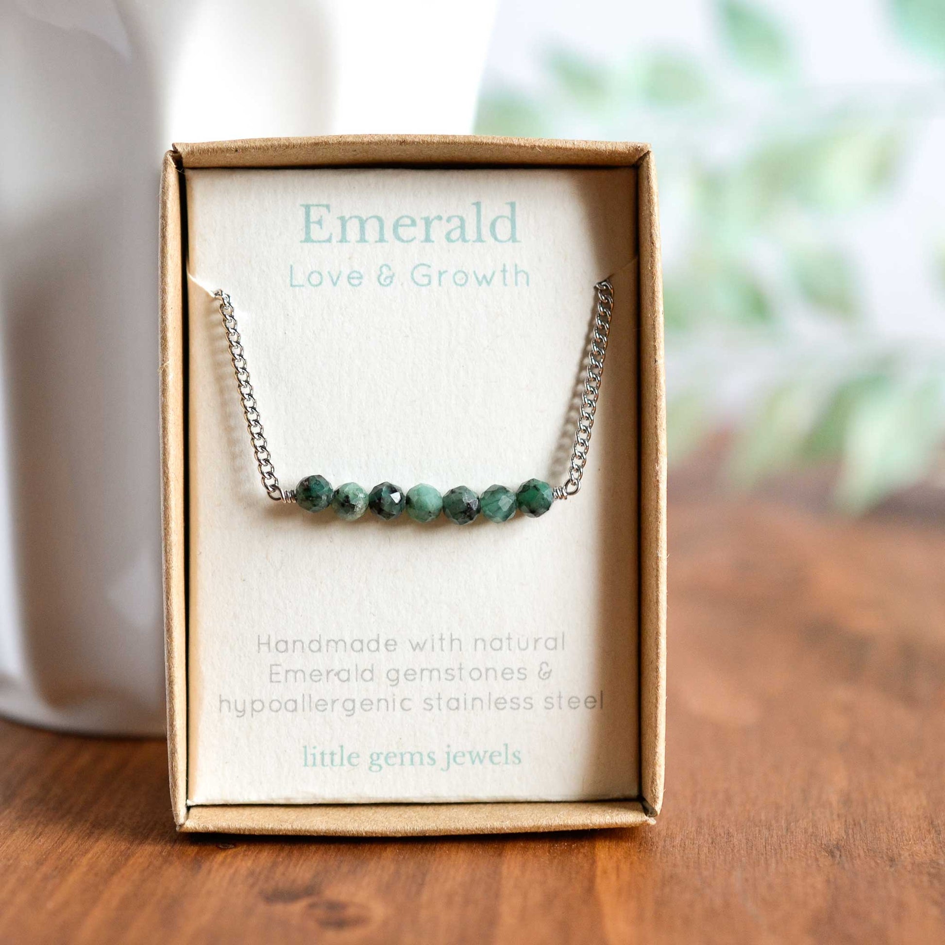 Dainty Emerald necklace in eco friendly gift box