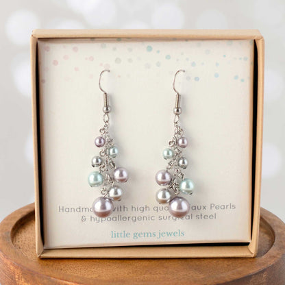 Faux pearl cluster drop earrings in eco-friendly gift box.