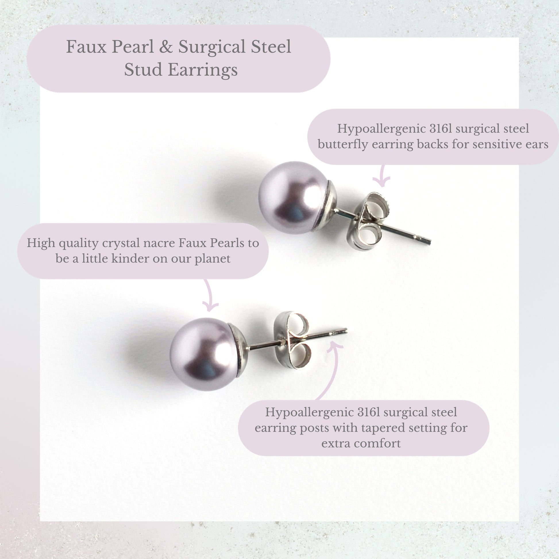 Faux pearl & surgical steel stud earrings product information graphic