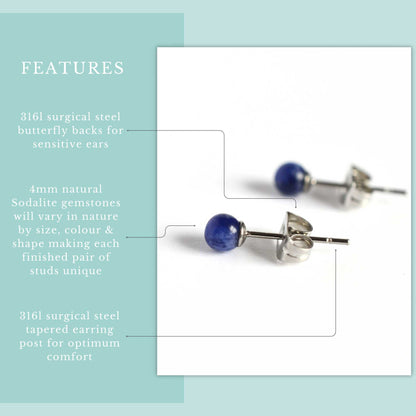 Features graphic for tiny Sodalite gemstone stud earrings with 4mm natural gemstones and hypoallergenic surgical steel for sensitive ears