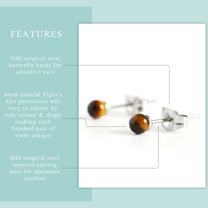 Product information graphic for 4mm Tiger's Eye & surgical steel stud earrings.