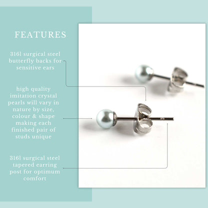 Faux pearl studs features graphic, 316l surgical steel for sensitive ears, high quality imitation crystal pearls.