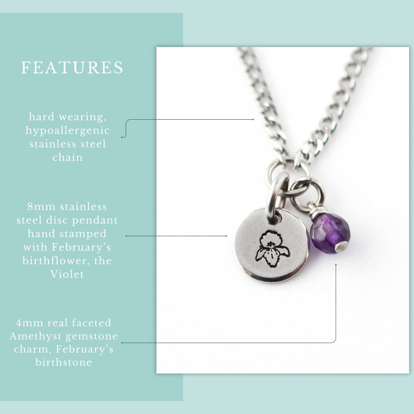 Features graphic for February Birthflower necklace. Hard wearing, hypoallergenic stainless steel chain, 8mm hand stamped birthflower pendant and real 4mm Amethyst gemstone