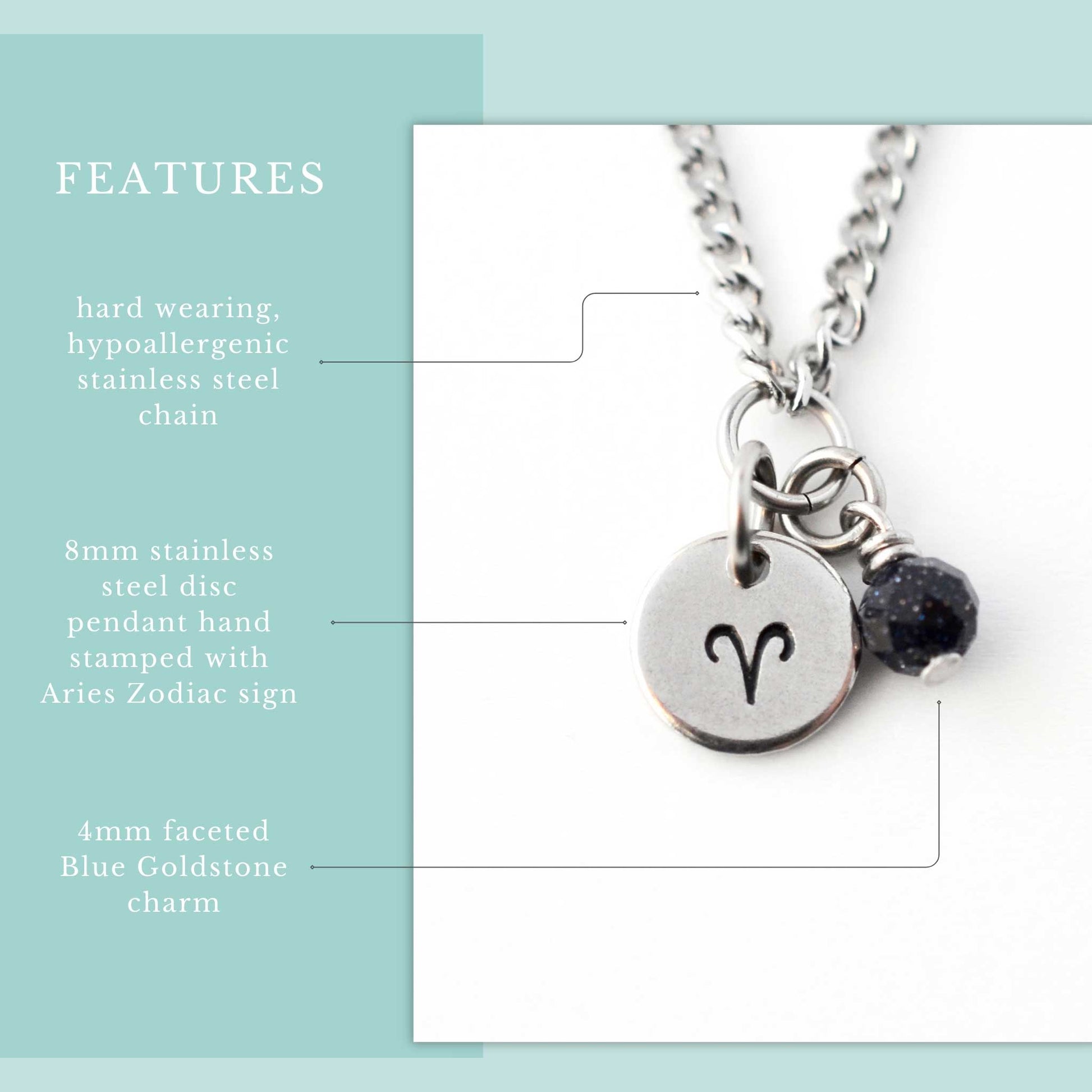 Features graphic for Aries zodiac necklace with hypoallergenic stainless steel chain, 8mm hand stamped zodiac sign pendant and 4mm Blue Goldstone charm