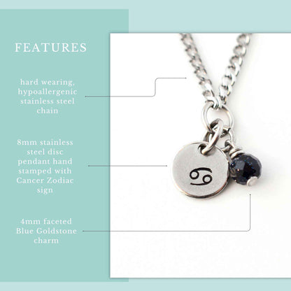 Features graphic for Cancer zodiac necklace with hypoallergenic stainless steel chain, 8mm hand stamped zodiac sign pendant and 4mm Blue Goldstone charm