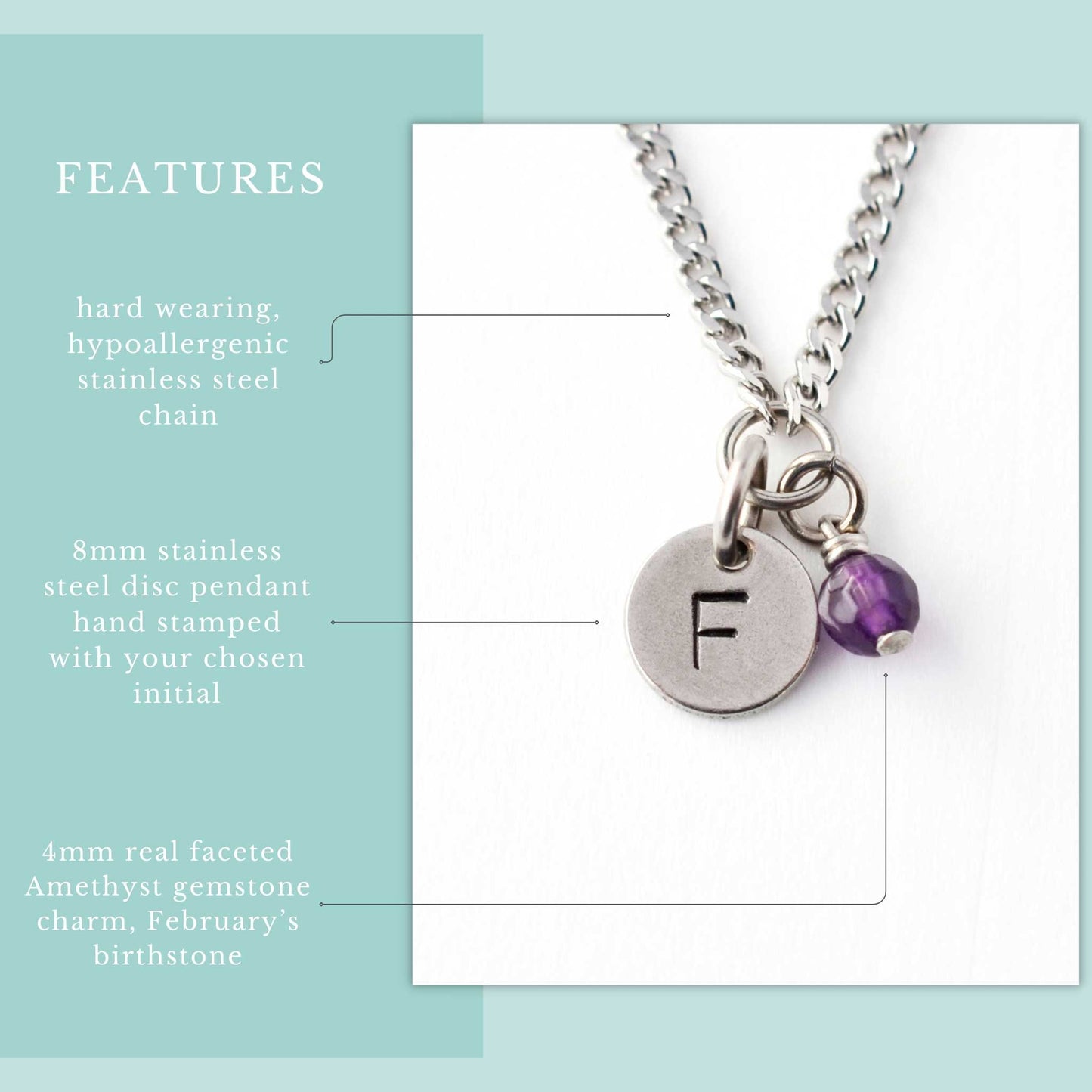 Features graphic for personalised February birthstone necklace. Hypoallergenic stainless steel chain, hand stamped initial disc pendant and 4mm Amethyst gemstone charm