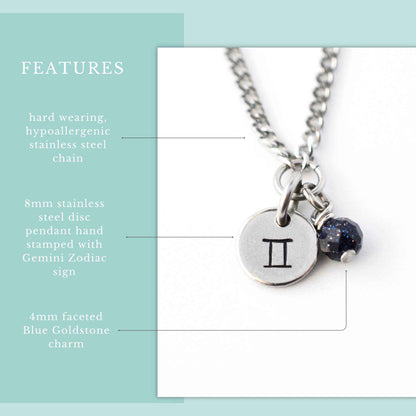 Features graphic for Gemini zodiac necklace with hypoallergenic stainless steel chain, 8mm hand stamped zodiac sign pendant and 4mm Blue Goldstone charm