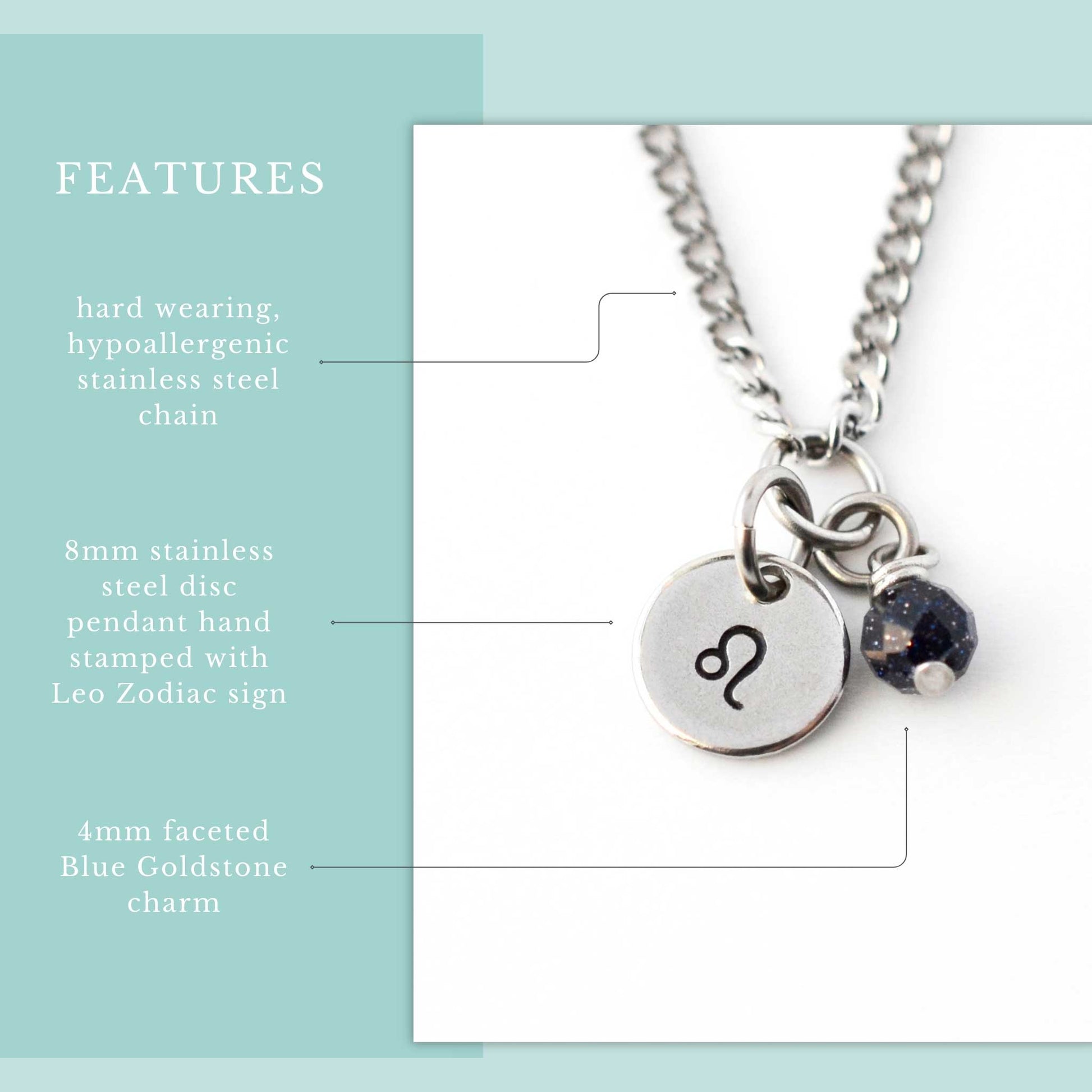 Features graphic for Leo zodiac necklace with hypoallergenic stainless steel chain, 8mm hand stamped zodiac sign pendant and 4mm Blue Goldstone charm