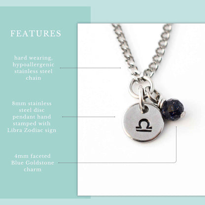 Features graphic for Libra zodiac necklace with hypoallergenic stainless steel chain, 8mm hand stamped zodiac sign pendant and 4mm Blue Goldstone charm