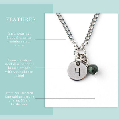Features graphic for personalised May birthstone necklace. Hypoallergenic stainless steel chain, hand stamped initial disc pendant and 4mm Emerald gemstone charm