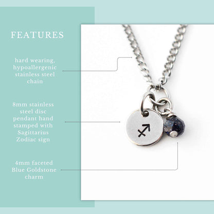 Features graphic for Sagittarius zodiac necklace with hypoallergenic stainless steel chain, 8mm hand stamped zodiac sign pendant and 4mm Blue Goldstone charm