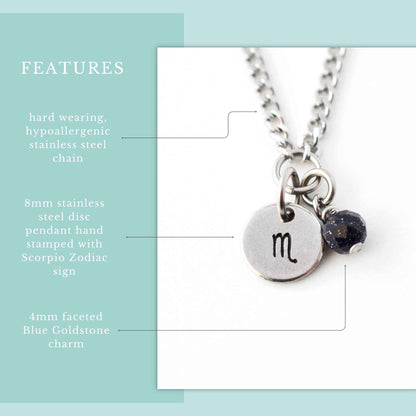 Features graphic for Scorpio zodiac necklace with hypoallergenic stainless steel chain, 8mm hand stamped zodiac sign pendant and 4mm Blue Goldstone charm