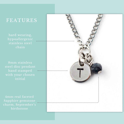 Features graphic for personalised September birthstone necklace. Hypoallergenic stainless steel chain, hand stamped initial disc pendant and 4mm Sapphire gemstone charm