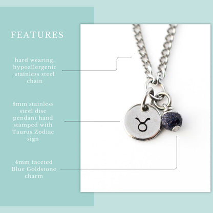 Features graphic for Taurus zodiac necklace with hypoallergenic stainless steel chain, 8mm hand stamped zodiac sign pendant and 4mm Blue Goldstone charm