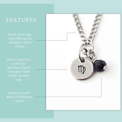 Features graphic for Virgo zodiac necklace with hypoallergenic stainless steel chain, 8mm hand stamped zodiac sign pendant and 4mm Blue Goldstone charm
