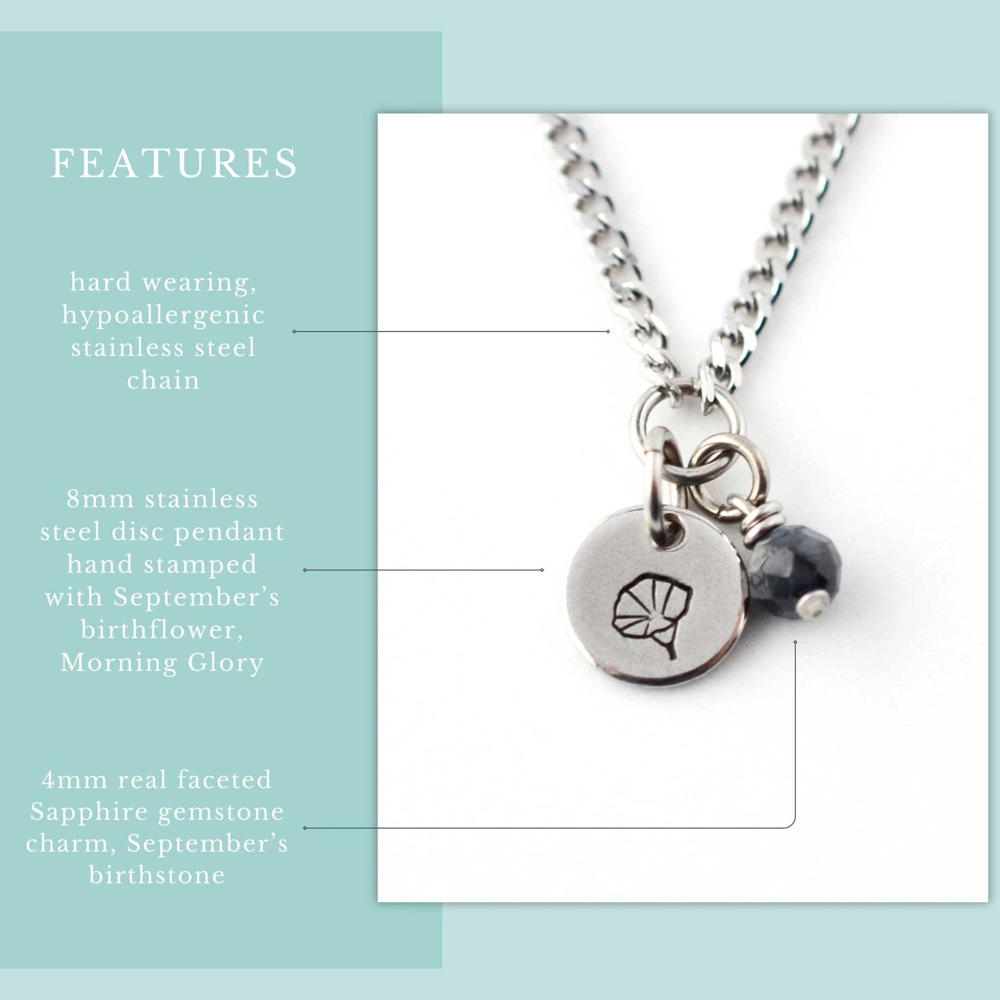 Features graphic for September Birthflower necklace. Hard wearing, hypoallergenic stainless steel chain, 8mm hand stamped birthflower pendant and real 4mm Sapphire gemstone