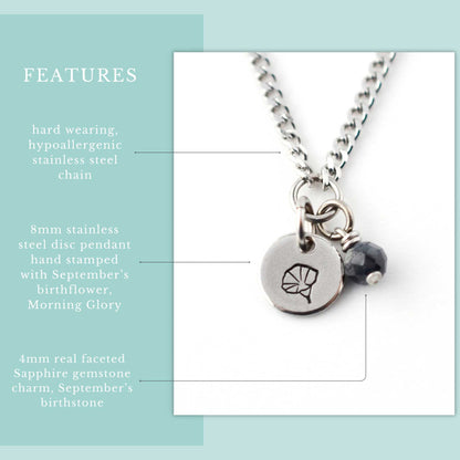 Features graphic for September Birthflower necklace. Hard wearing, hypoallergenic stainless steel chain, 8mm hand stamped birthflower pendant and real 4mm Sapphire gemstone