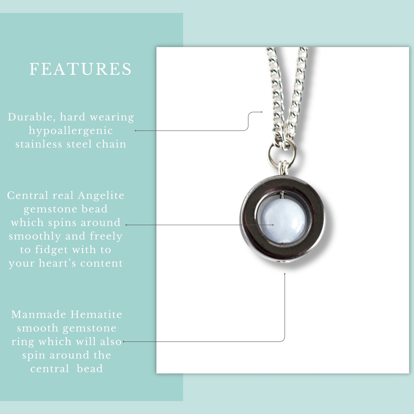 Features graphic for Angelite & Hematite spinner necklace on hypoallergenic stainless steel chain.