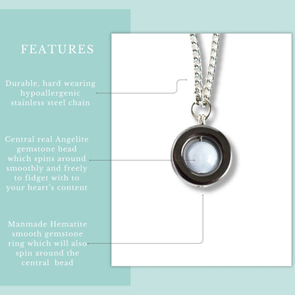 Features graphic for Angelite & Hematite spinner necklace on hypoallergenic stainless steel chain.