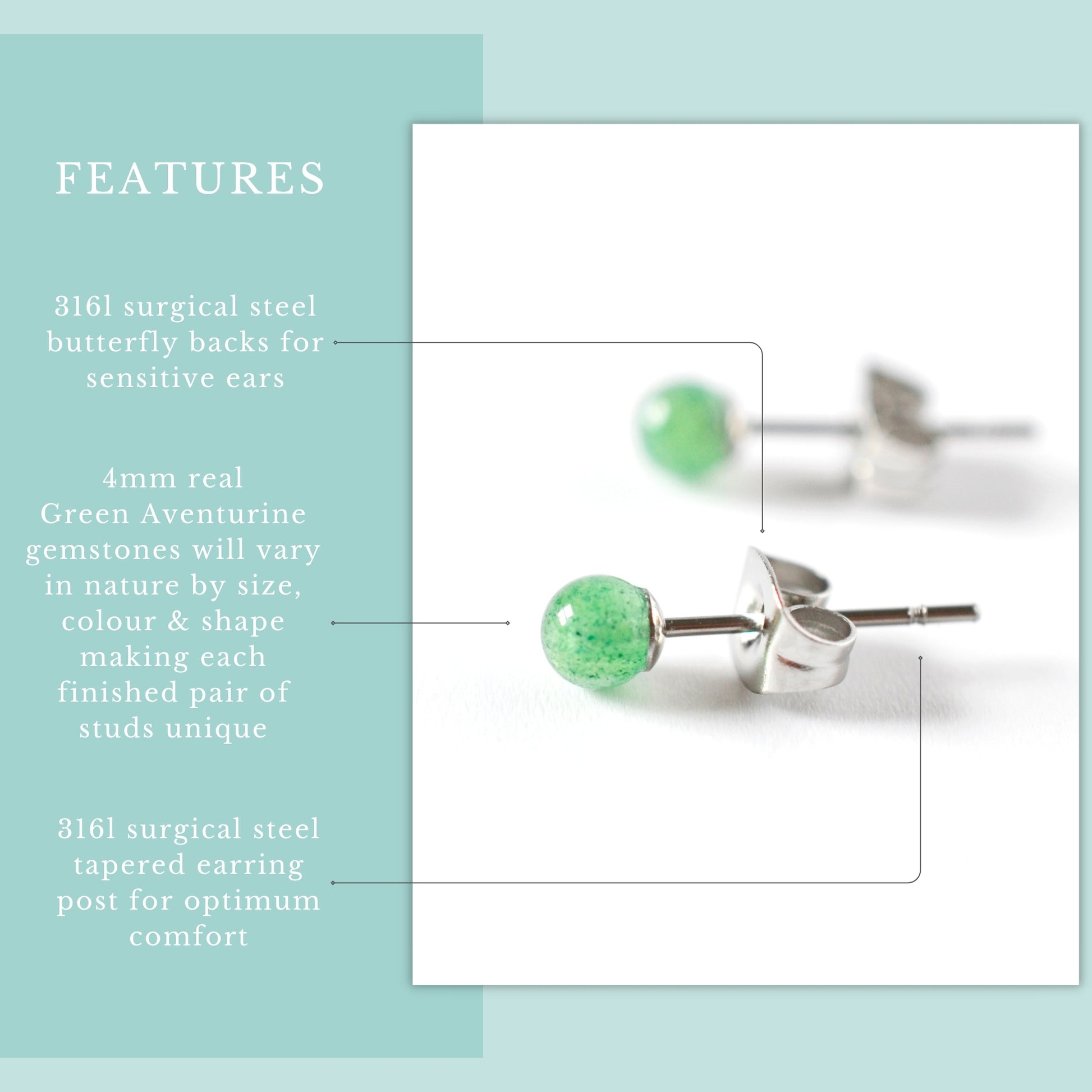 Green aventurine stud earrings with real gemstones and hypoallergenic surgical steel features 
