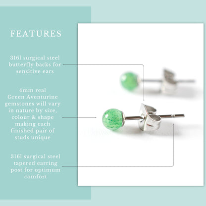 Green aventurine stud earrings with real gemstones and hypoallergenic surgical steel features 